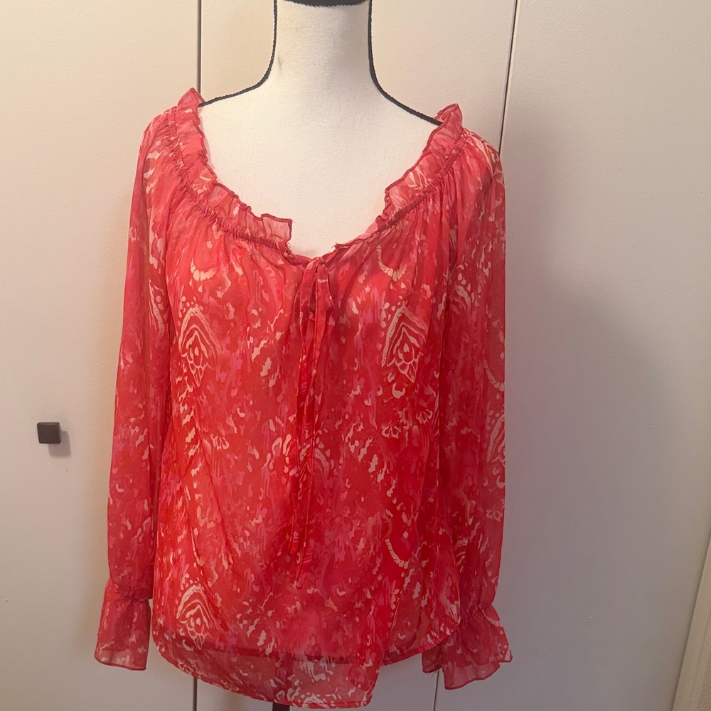Women's Red Ruffle Blouse - Picture 2 of 3